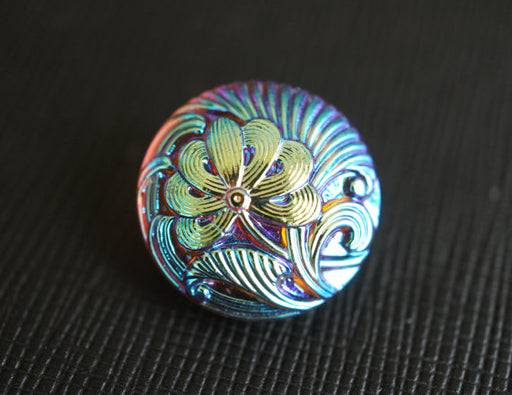 1 pc Czech Glass Button, Topaz Flower Blue AB, Hand Painted, Size 8 (18mm)