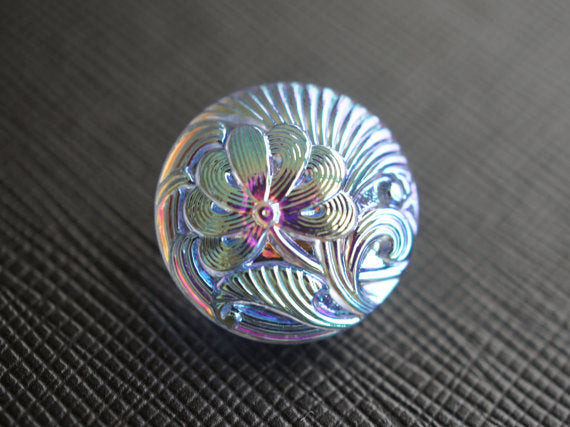 1 pc Czech Glass Button, Flower Blue Pink AB, Hand Painted, Size 8 (18mm)