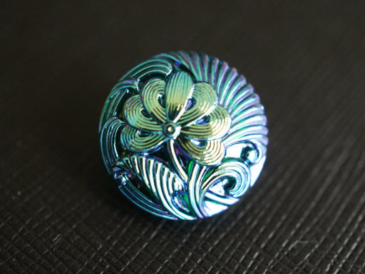 1 pc Czech Glass Button, Flower Emerald Blue AB, Hand Painted, Size 8 (18mm)