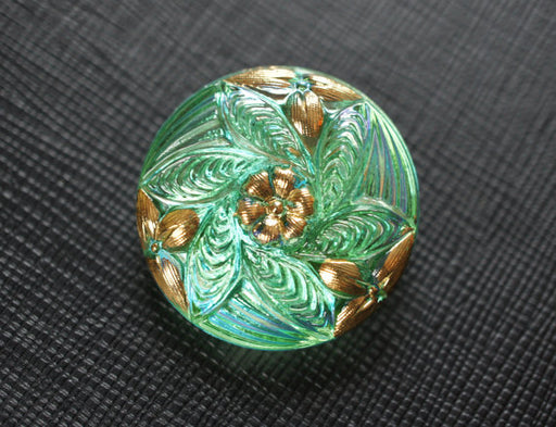 1 pc Czech Glass Button, Light Green Transparent AB Gold, Hand Painted, Size 12 (27mm)