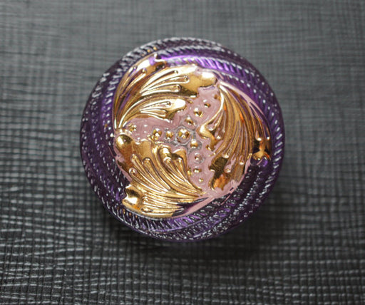 1 pc Czech Glass Button, Amethyst Pink Gold Ornament, Hand Painted, Size 12 (27mm)