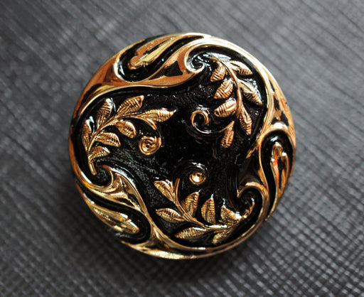 1 pc Czech Glass Button, Jet Black Gold Ornament, Hand Painted, Size 12 (27mm)