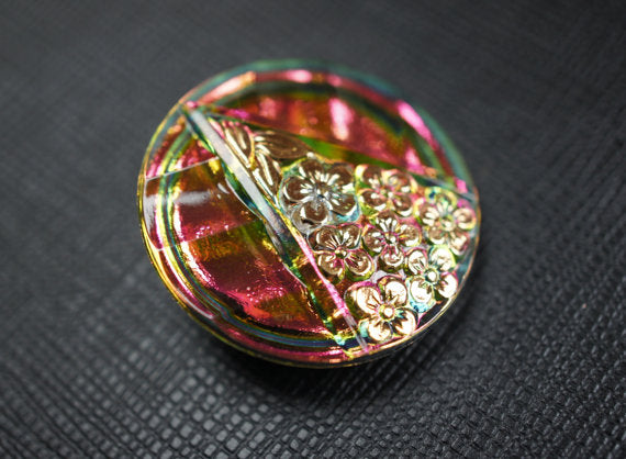 1 pc Czech Glass Button, Pink Vitrail Gold Flowers, Hand Painted, Size 12 (27mm)