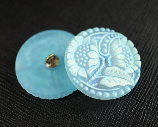 1 pc Czech Glass Button, Flower Light Blue AB Matte, Hand Painted, Size 12 (27mm)