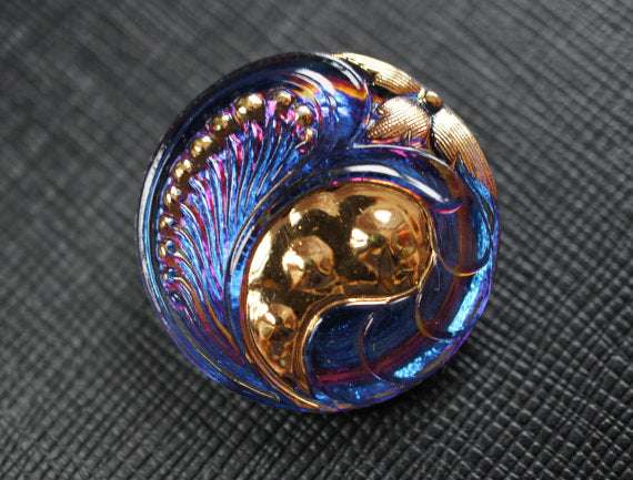 1 pc Czech Glass Button, Blue Purple Vitrail Gold, Hand Painted, Size 12 (27mm)