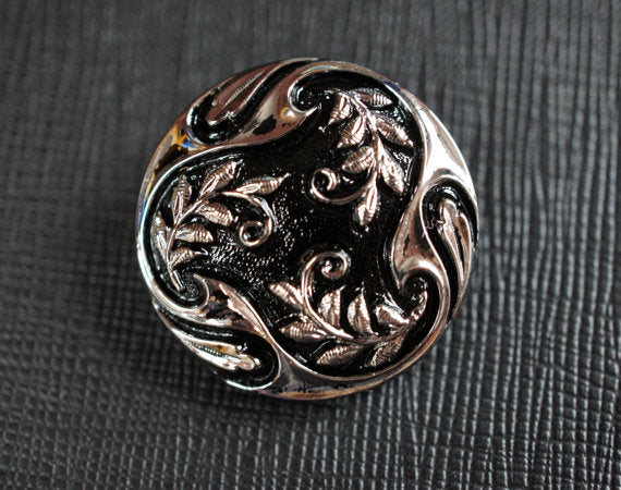 1 pc Czech Glass Button, Black Silver Ornament, Hand Painted, Size 12 (27mm)
