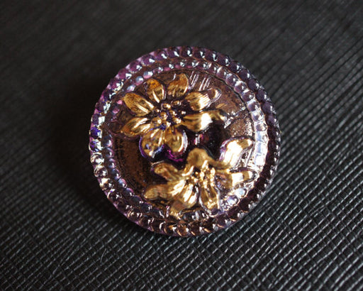 1 pc Czech Glass Button, Amethyst AB Gold Flower, Hand Painted, Size 12 (27mm)