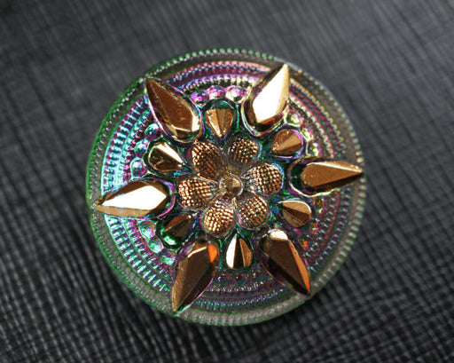 1 pc Czech Glass Button, Flower Crystal Vitrail Gold Star, Hand Painted, Size 12 (27mm)