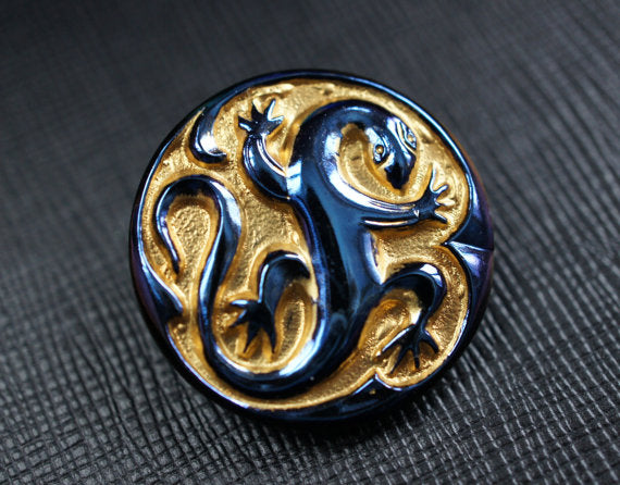 1 pc Czech Glass Button, Blue Glaze Gold Lizard, Hand Painted, Size 12 (27mm)