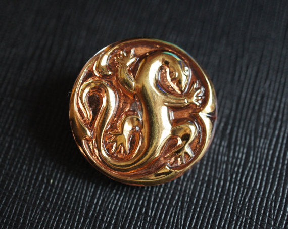 1 pc Czech Glass Button, Rosaline Gold Lizard, Hand Painted, Size 12 (27mm)