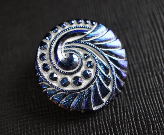 1 pc Czech Glass Button, White Blue AB Ornament, Hand Painted, Size 12 (27mm)