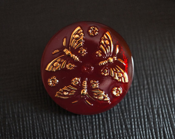 1 pc Czech Glass Button, Ruby Gold Butterflies, Hand Painted, Size 12 (27mm)