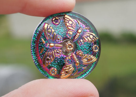 1 pc Czech Glass Button, Green Pink Vitrail Gold Butterfly, Hand Painted, Size 12 (27mm)
