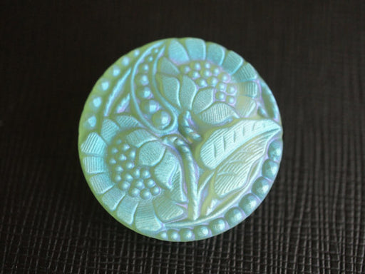 1 pc Czech Glass Button, Flower Light Green AB Matte, Hand Painted, Size 12 (27mm)