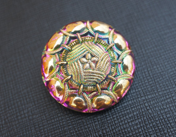 1 pc Czech Glass Button, Green Pink Vitrail Gold Ornament, Hand Painted, Size 14 (32mm)