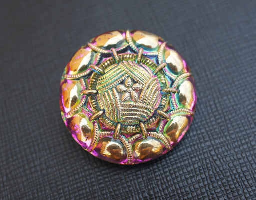 1 pc Czech Glass Button, Green Pink Vitrail Gold Ornament, Hand Painted, Size 14 (32mm)