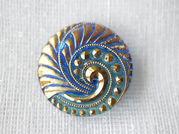 1 pc Czech Glass Button, Blue Combi Light Blue Gold Ornament, Hand Painted, Size 12 (27mm)