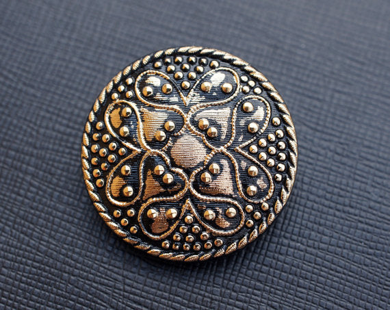 1 pc Czech Glass Button, Black Gold Ornament, Hand Painted, Size 14 (32mm)