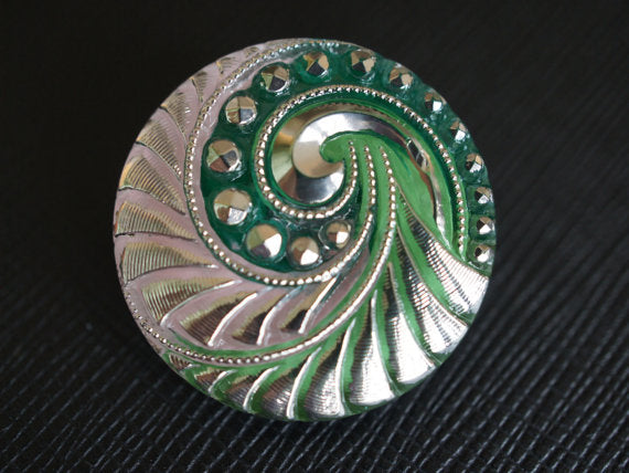 1 pc Czech Glass Button, Green Combi Pink Silver Ornament, Hand Painted, Size 12 (27mm)