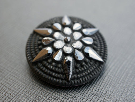 1 pc Czech Glass Button, Jet Black Matte Star Flower, Hand Painted, Size 14 (32mm)