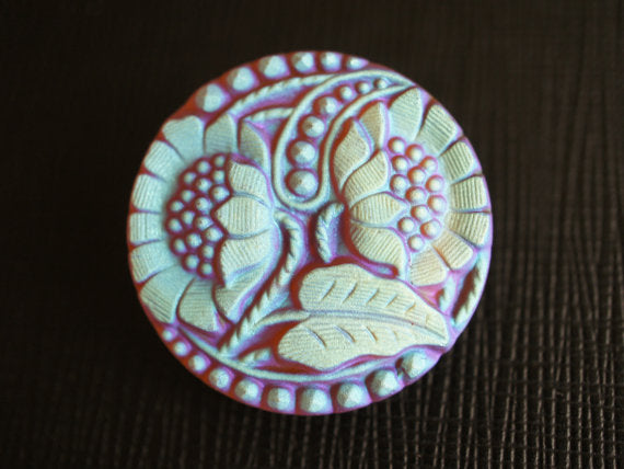 1 pc Czech Glass Button, Topaz Matte Blue AB Flowers, Hand Painted, Size 12 (27mm)