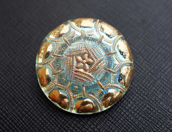 1 pc Czech Glass Button, Crystal AB Gold Ornament, Hand Painted, Size 14 (32mm)