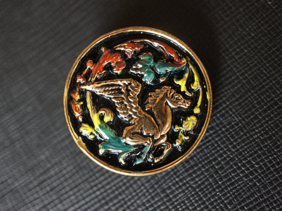 1 pc Czech Glass Button, Black with Gold Pegasus, Hand Painted, Size 12 (27mm)