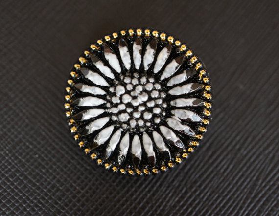 1 pc Czech Glass Button, Black White Gold, Hand Painted, Size 12 (27mm)