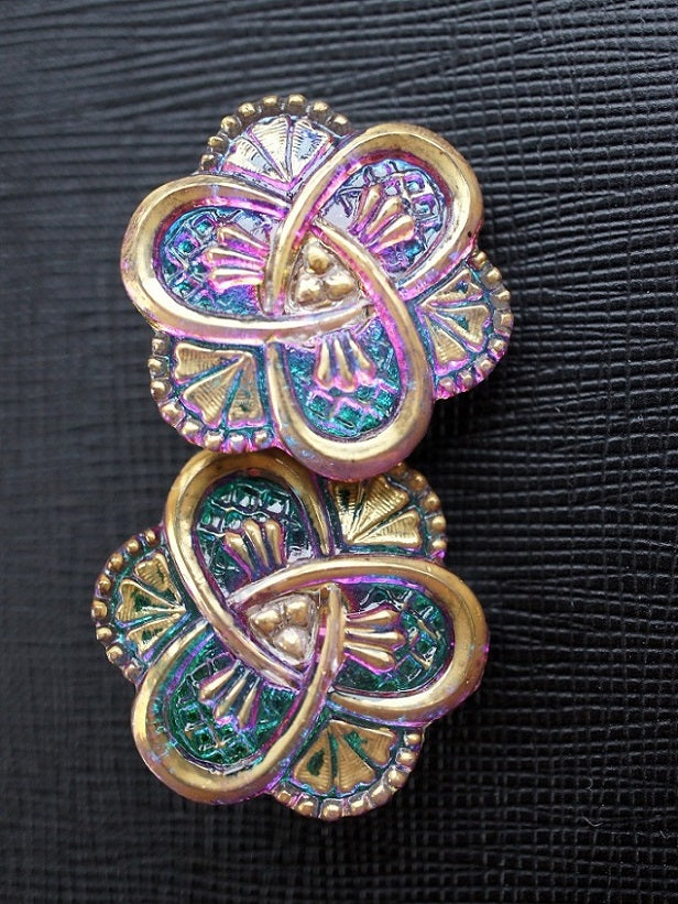 1 pc Czech Glass Button, Green Vitrail Gold Ornament, Hand Painted, Size 12 (27mm)