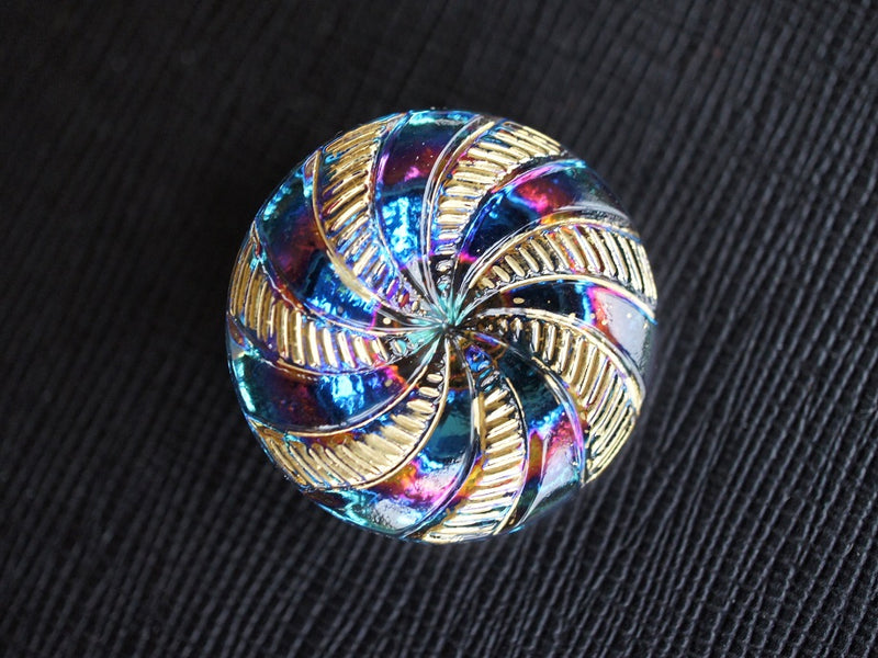 1 pc Czech Glass Button, Volcano Dark Blue Gold Ornament, Hand Painted, Size 12 (27mm)