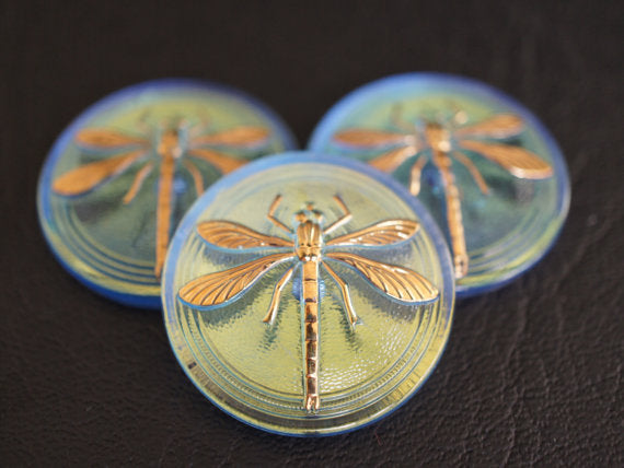 1 pc Czech Glass Cabochon Light Sapphire AB Gold Dragonfly, Hand Painted, Size 14 (32mm)