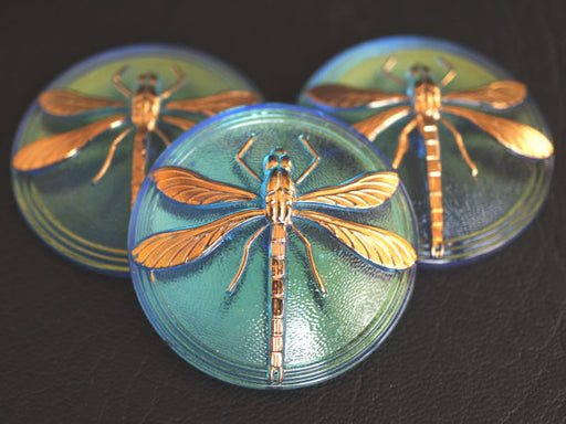 1 pc Czech Glass Cabochon Light Sapphire AB Gold Dragonfly, Hand Painted, Size 18 (40.5mm)
