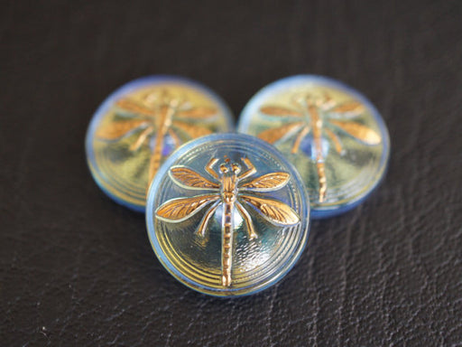 1 pc Czech Glass Cabochon Light Sapphire AB Gold Dragonfly, Hand Painted, Size 8 (18mm)