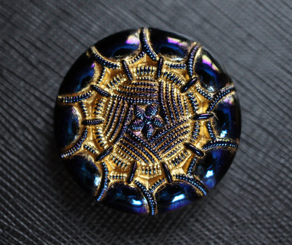 1 pc Czech Glass Button, Jet Blue AB Gold, Hand Painted, Size 14 (32mm)