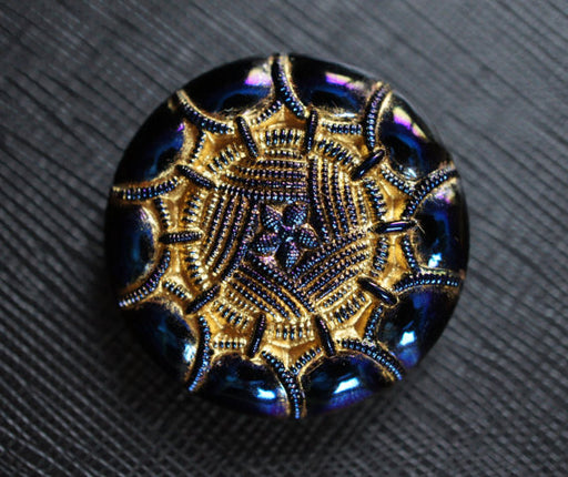1 pc Czech Glass Button, Jet Blue AB Gold, Hand Painted, Size 14 (32mm)
