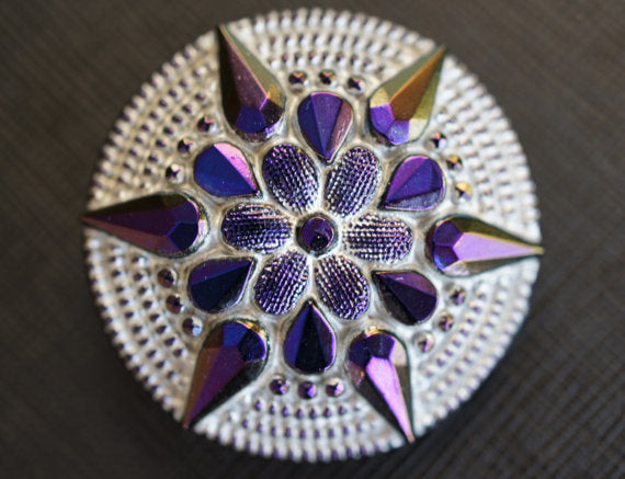 1 pc Czech Glass Button, White Violet Star Blue Flower, Hand Painted, Size 16 (36mm)