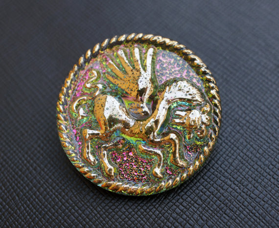 1 pc Czech Glass Button, Green Vitrail Gold Pegasus, Hand Painted, Size 16 (36mm)