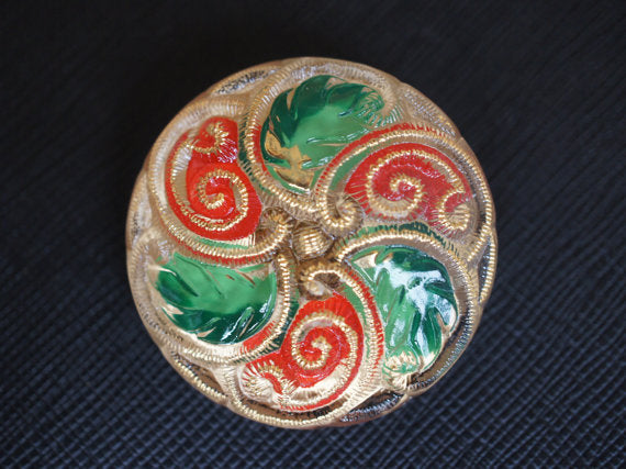1 pc Czech Glass Button, Gold Red Green, Hand Painted, Size 16 (36mm)