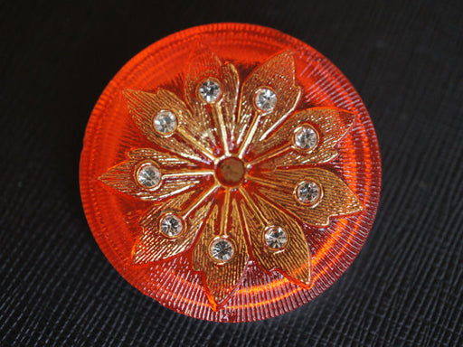1 pc Czech Glass Button, Red Gold Flower with Crystal Rhinestones, Hand Painted, Size 16 (36mm)