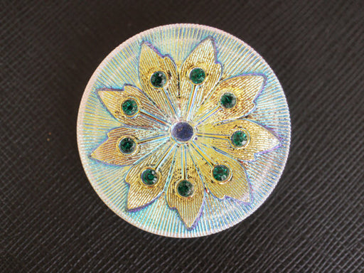 1 pc Czech Glass Button, White Golden Flower with Green Rhinestones, Hand Painted, Size 16 (36mm)