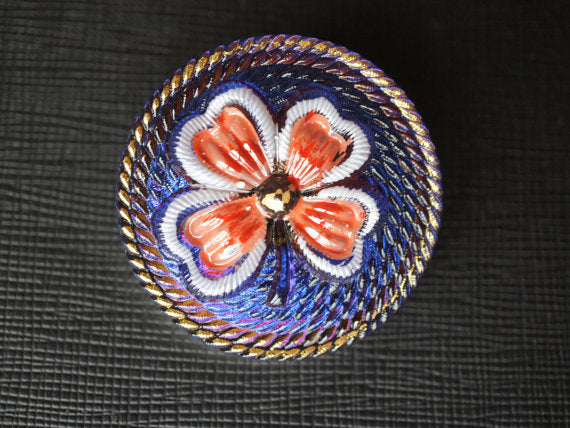 1 pc Czech Glass Button, Blue with Red Clover, Hand Painted, Size 16 (36mm)