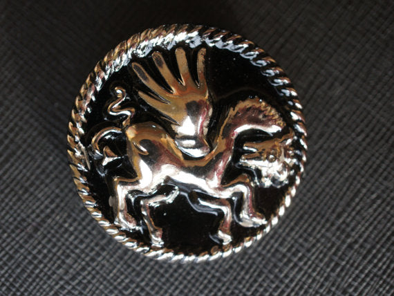 1 pc Czech Glass Button, Black with Platinum Pegasus, Hand Painted, Size 16 (36mm)