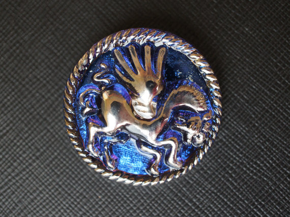 1 pc Czech Glass Button, Blue with Platinum Pegasus, Hand Painted, Size 16 (36mm)