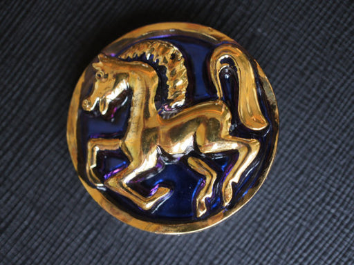 1 pc Czech Glass Button, Blue with Golden Horse, Hand Painted, Size 16 (36mm)