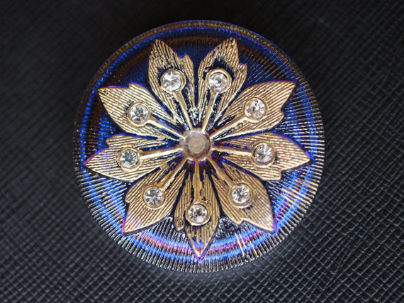 1 pc Czech Glass Button, Blue Silver Flower with Rhinestones, Hand Painted, Size 16 (36mm)