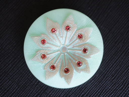1 pc Czech Glass Button, Turquoise Green Opal Silver Flower with Red Rhinestones, Hand Painted, Size 16 (36mm)