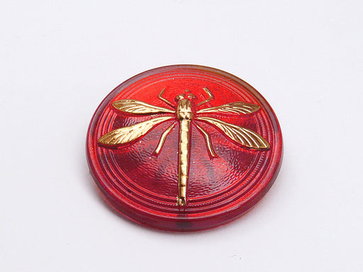 1 pc Czech Glass Cabochon Ruby Gold Dragonfly (Smooth Reverse Side), Hand Painted, Size 14 (32mm)
