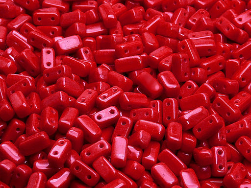 50 pcs 2-hole Brick Pressed Beads, 3x6mm, Opaque Coral Red, Czech Glass