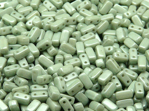 50 pcs 2-hole Brick Pressed Beads, 3x6mm, Chalk White Green Luster, Czech Glass