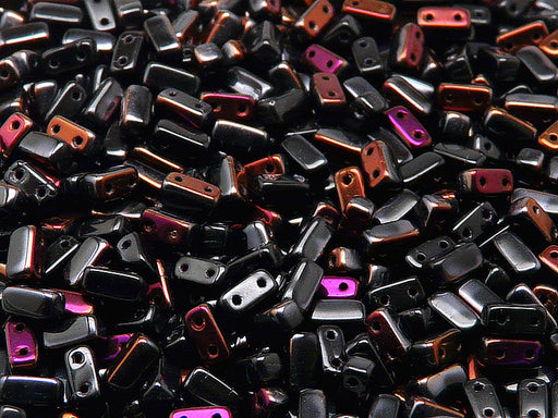 50 pcs 2-hole Brick Pressed Beads, 3x6mm, Jet Black Brown Flare, Czech Glass